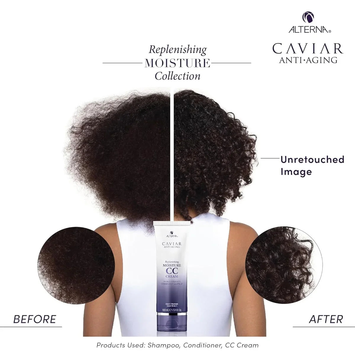 Before and after comparison of hair care product use Alterna Caviar Anti-Aging Replenishing Moisture CC Cream