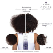 Before and after comparison of hair care product use Alterna Caviar Anti-Aging Replenishing Moisture CC Cream