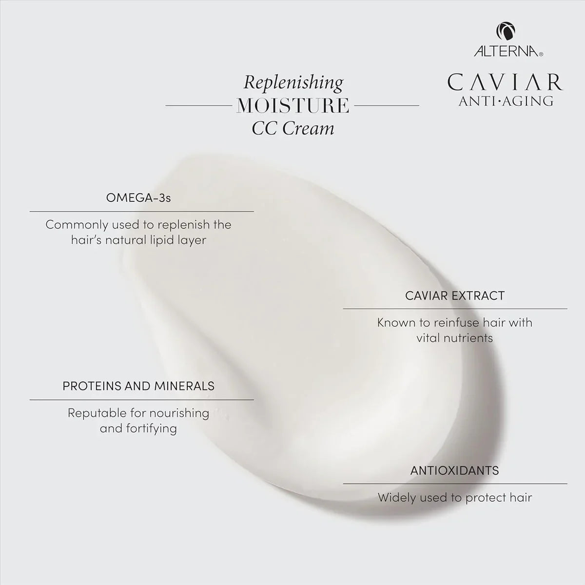 Alterna Caviar Anti-Aging Replenishing Moisture CC Cream with detailing ingredients and benefits featuring the Alterna Caviar Anti-Aging logo.