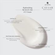 Alterna Caviar Anti-Aging Replenishing Moisture CC Cream with detailing ingredients and benefits featuring the Alterna Caviar Anti-Aging logo.