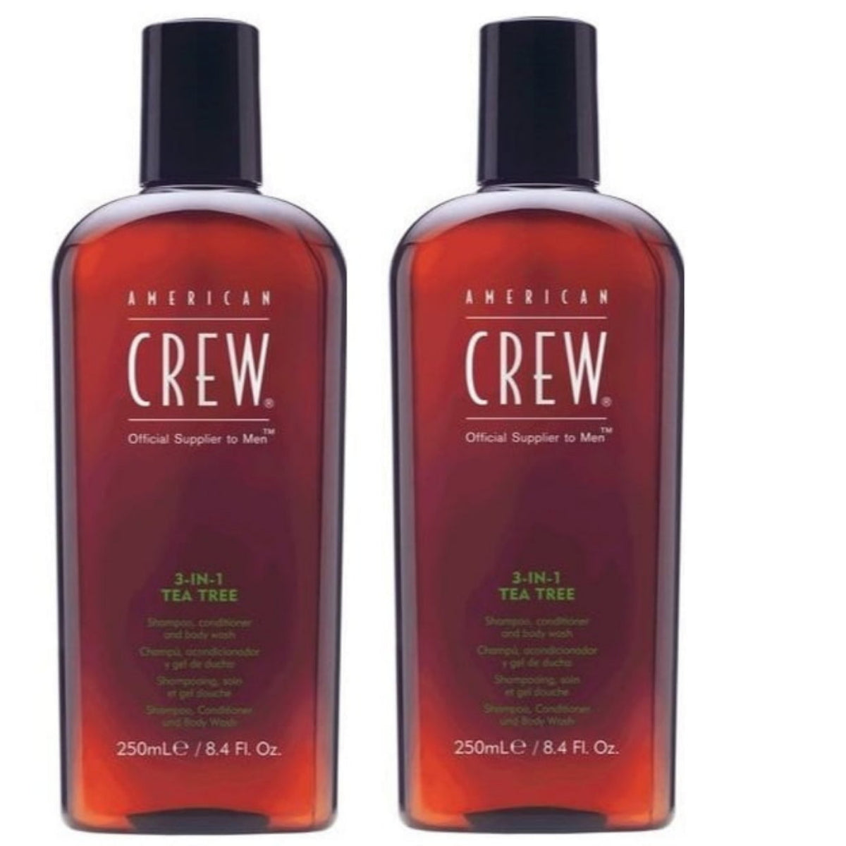 Two bottles of American Crew 3-in-1 Tea Tree shampoo and body wash set, shown side by side on a plain white background.
