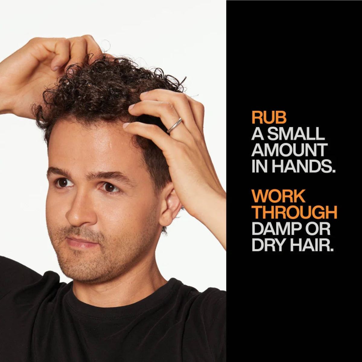 Man with curly hair touching his head, with text on a black background.