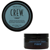 American Crew Fiber hair styling product in a black container with a blue label, showing the product name and weight of 3 oz.