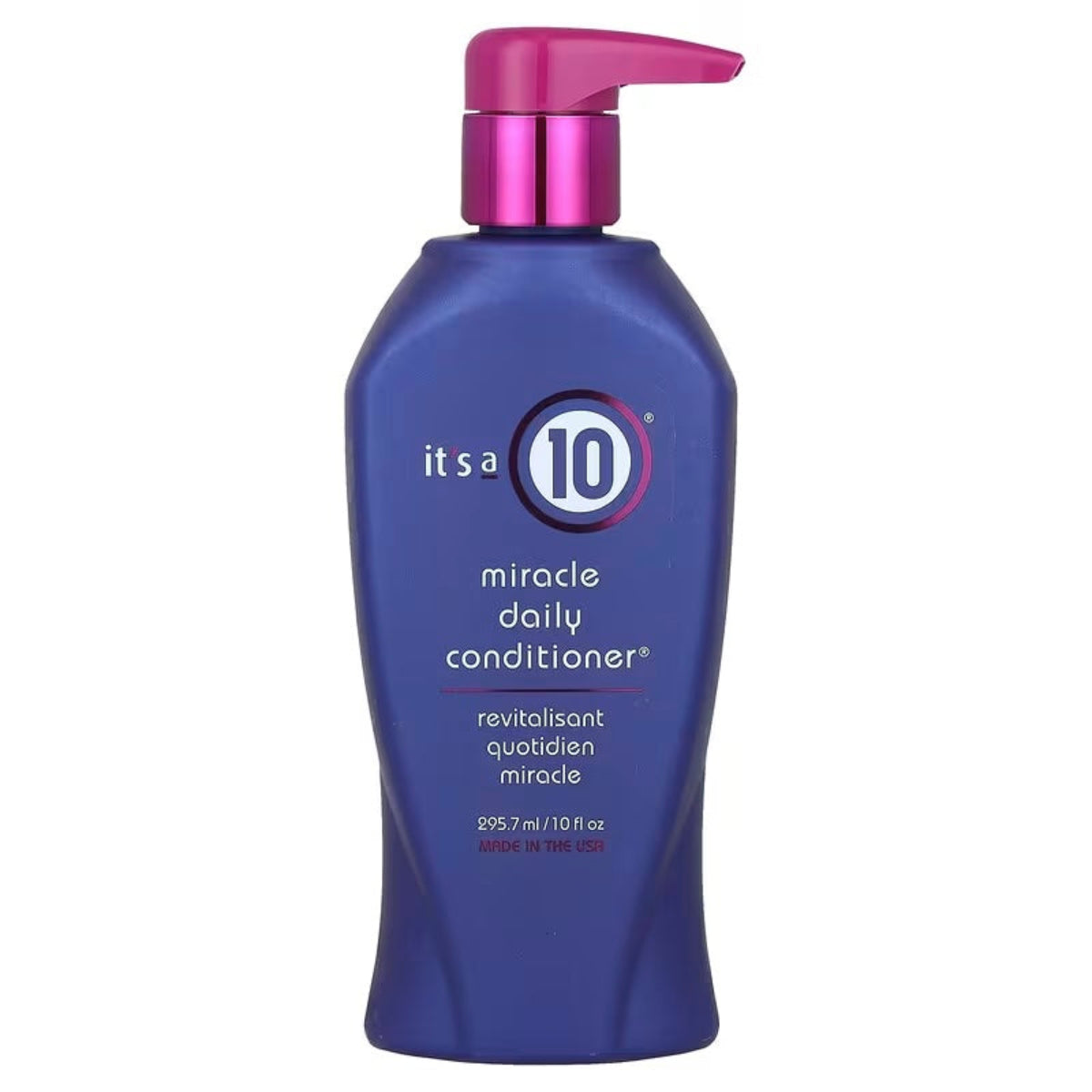 Blue bottle of 'it's a 10' miracle daily conditioner with purple pump on white background