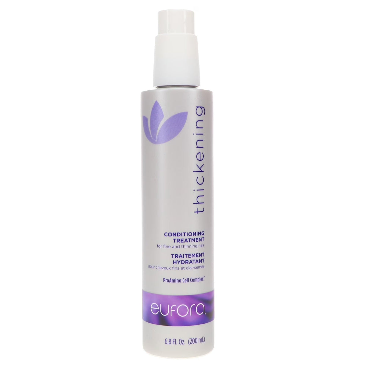 A bottle of Eufora Thickening Conditioning Treatment for fine hair, featuring a white bottle with a white cap and purple branding details.