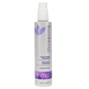 A bottle of Eufora Thickening Conditioning Treatment for fine hair, featuring a white bottle with a white cap and purple branding details.