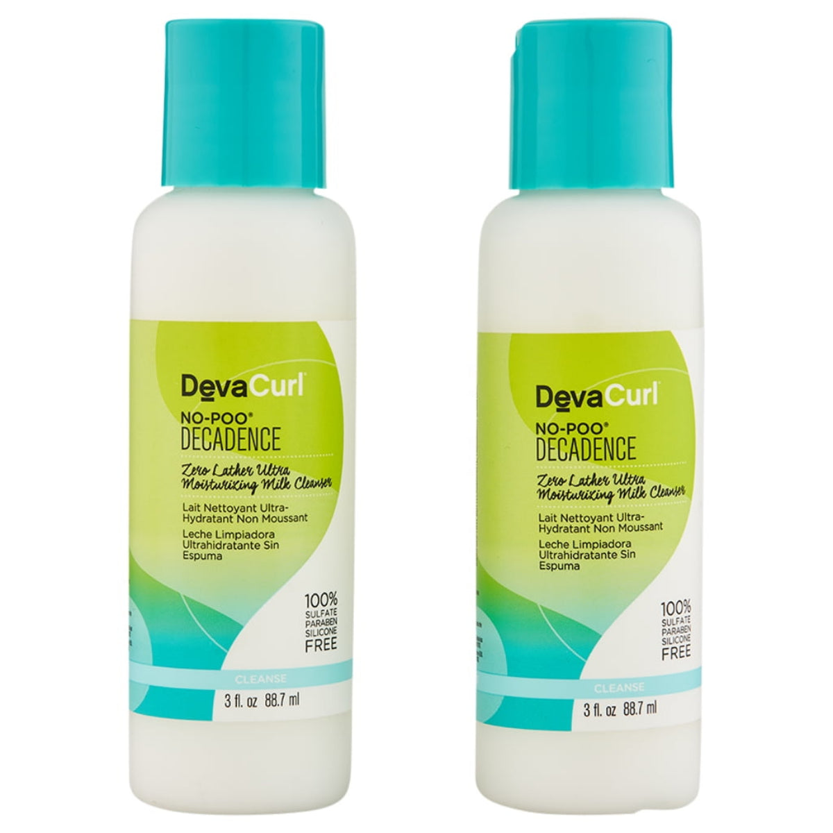 Two bottles of DevaCurl No-Poo Decadence Zero Lather Ultra Moisturizing Milk Cleanser, each containing 3 ounces of product.