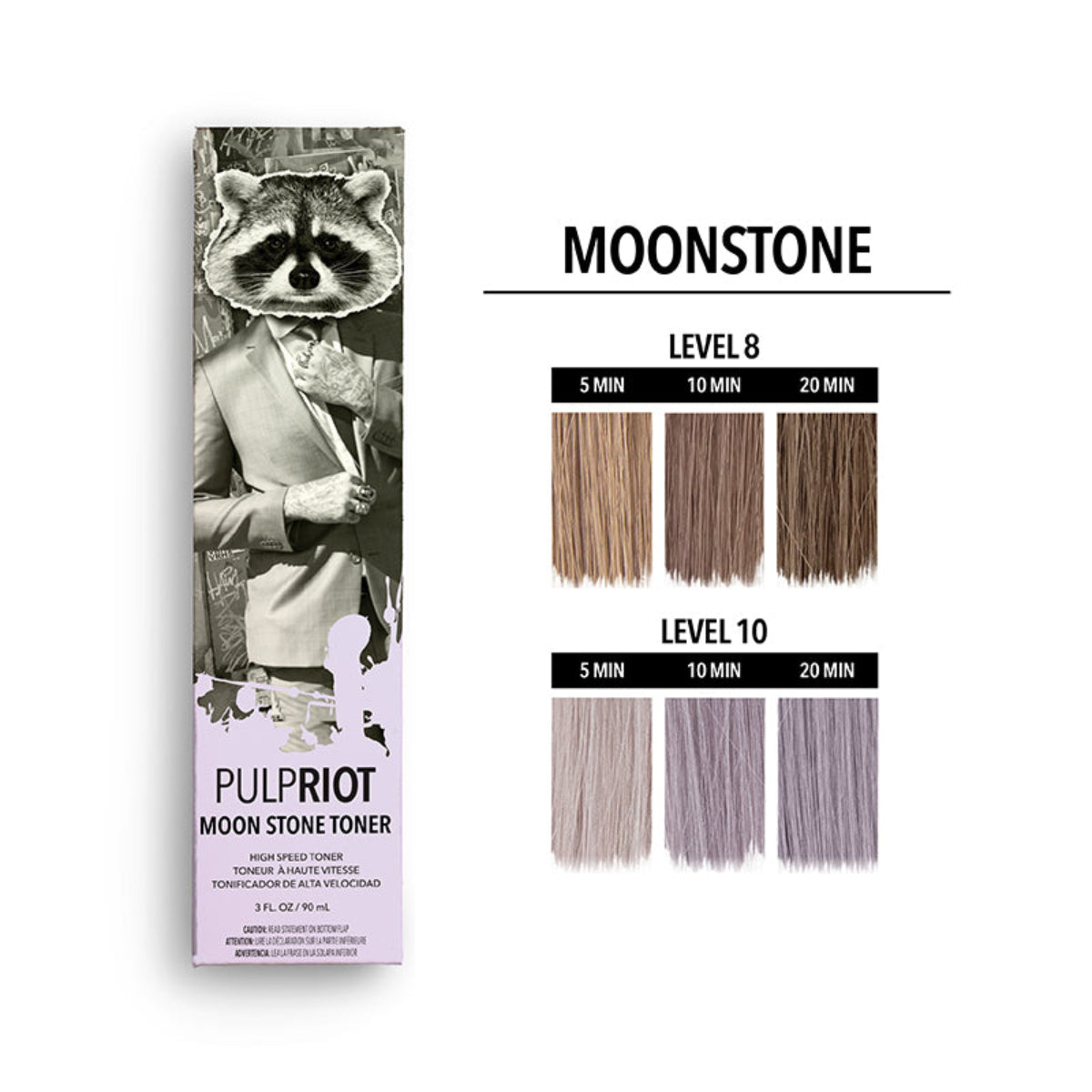 Pulp Riot hair toner packaging with raccoon illustration and color swatches on a white background
