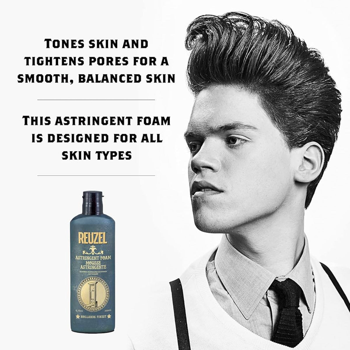 Bottle of Reuzel astringent foam with a person wearing suspenders and a tie on a white background