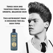 Bottle of Reuzel astringent foam with a person wearing suspenders and a tie on a white background