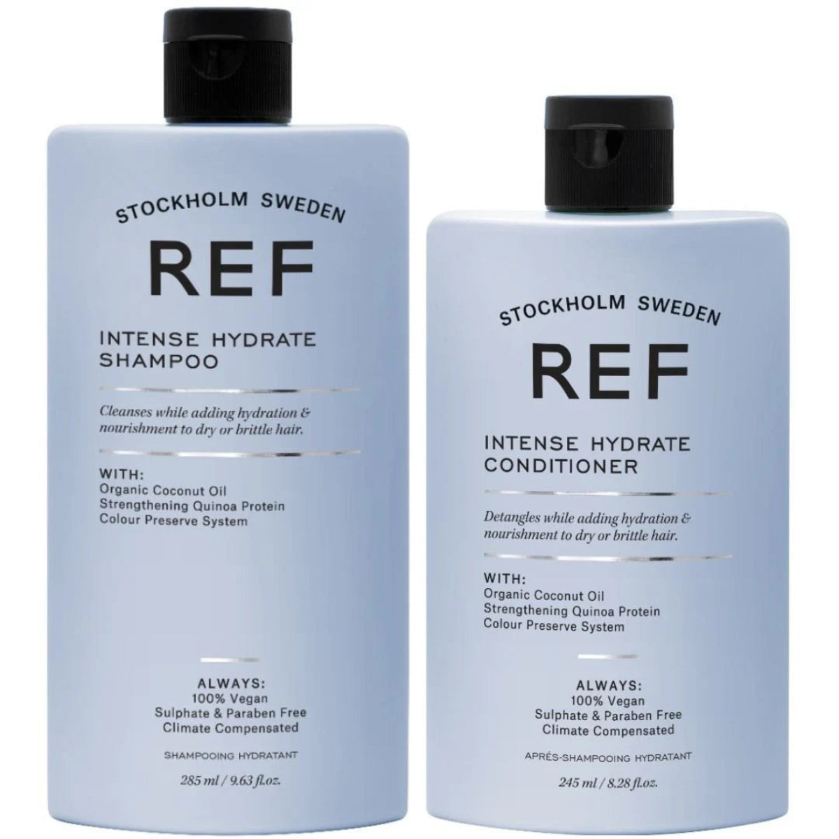 Two bottles of Stockholm Sweden REF Intense Hydrate Shampoo and Conditioner on a white background