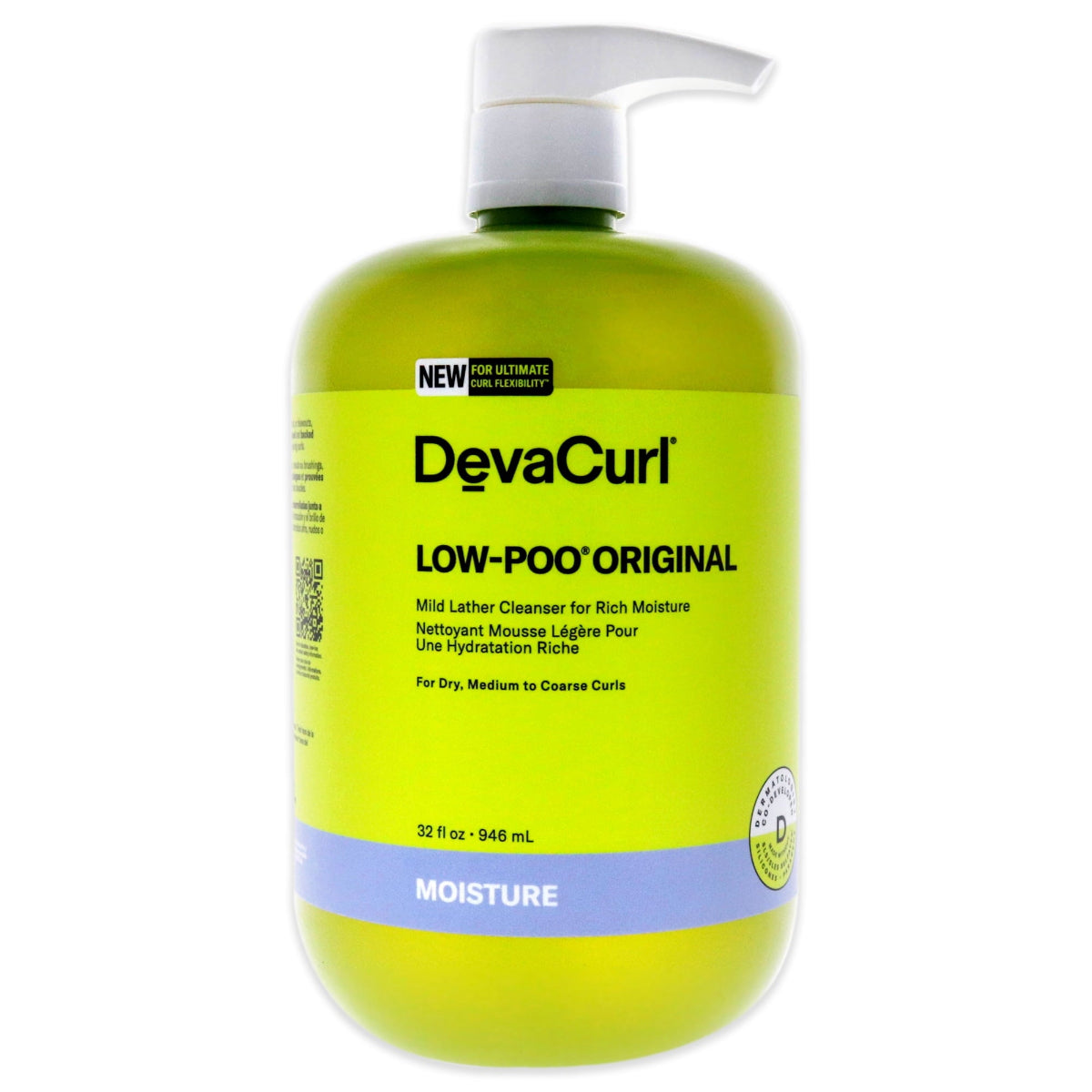 A bottle of DevaCurl Low-Poo Original Cleanser with a pump dispenser. The bottle is bright green with a white label and text.
