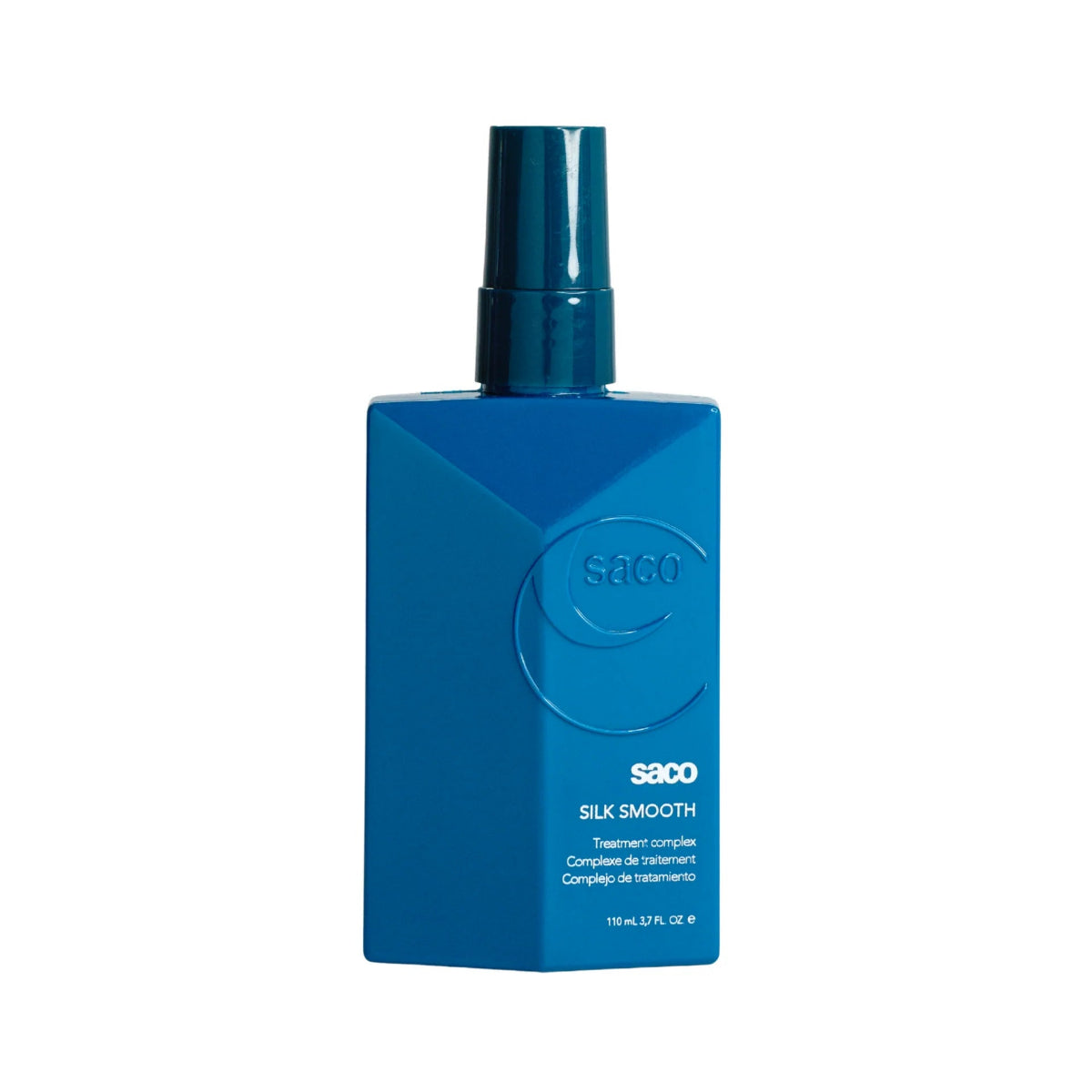 A blue rectangular bottle of Saco Silk Smooth hair serum with a matching blue spray nozzle, shown on a plain white background.