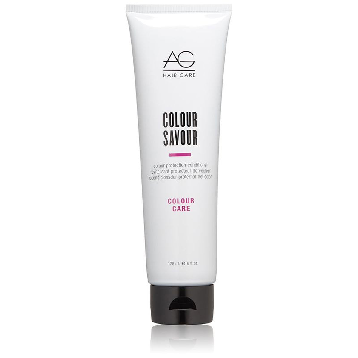 A white squeeze tube of AG Hair Care Colour Saviour Colour Care conditioner with a black cap, centered on a white background with a subtle reflection.