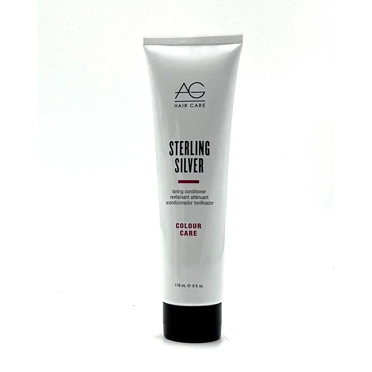 A white squeeze tube of AG Hair Care Sterling Silver Color Care Tinting Conditioner with a black cap, set against a plain white background.