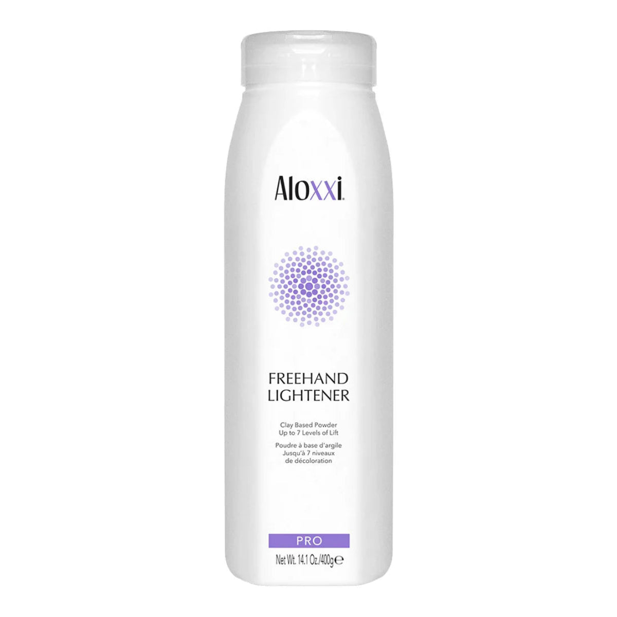 A white bottle of Aloxxi Freehand Lightener Pro clay based powder on a solid white background.