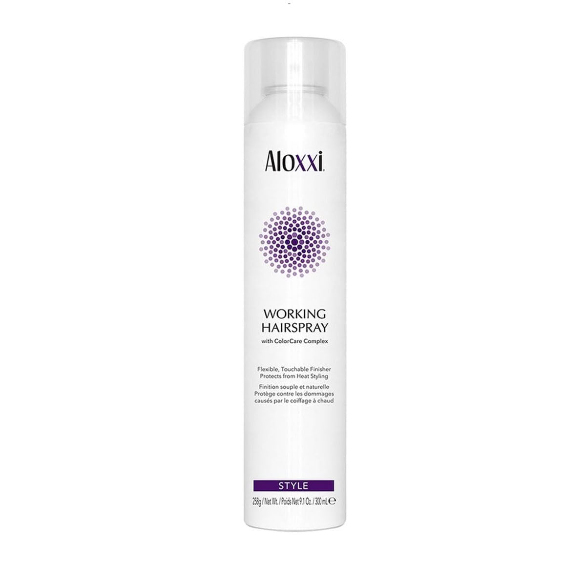 Aloxxi working hairspray bottle on a white background
