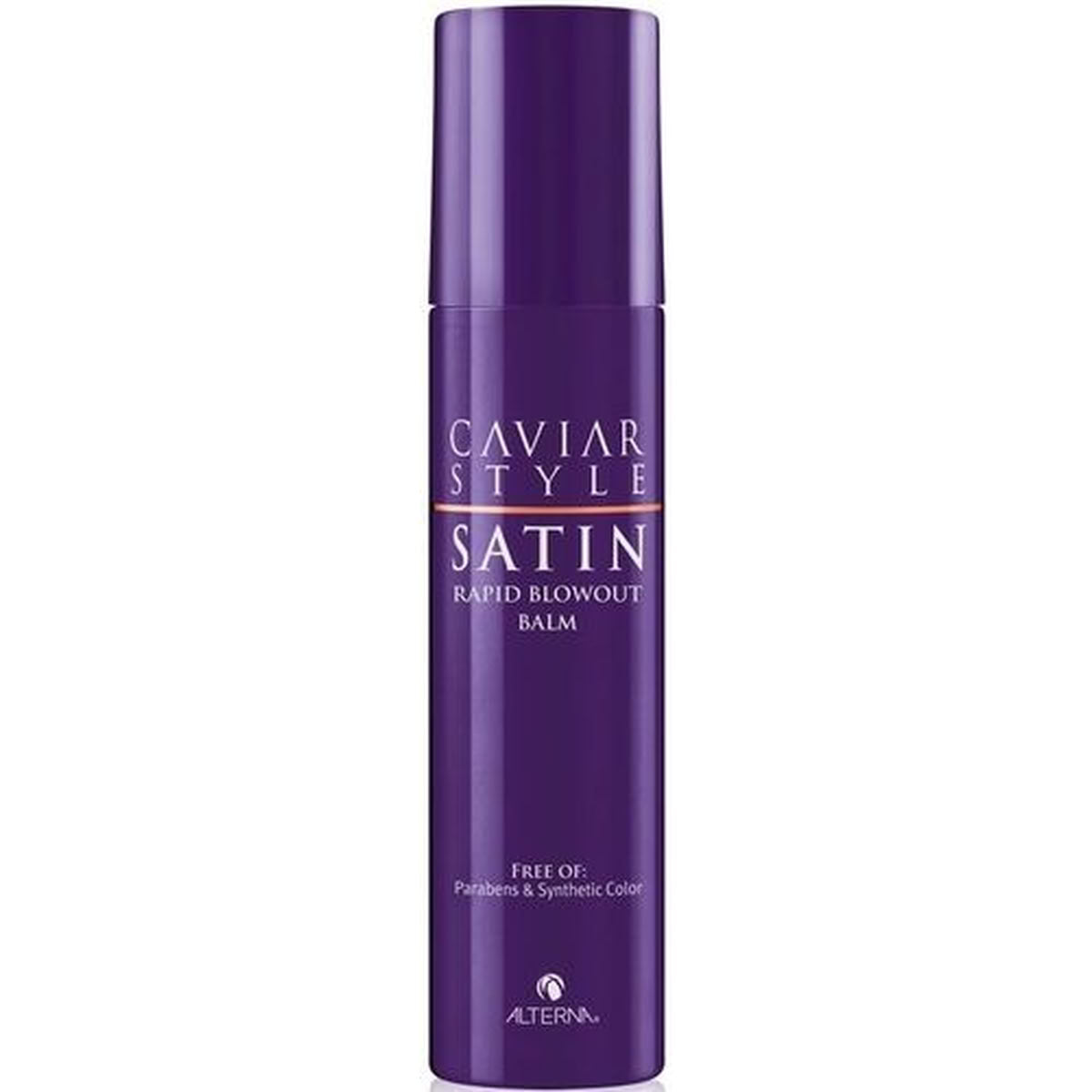 Purple bottle of Caviar Style Satin Rapid Blowout Balm by Alterna on a white background