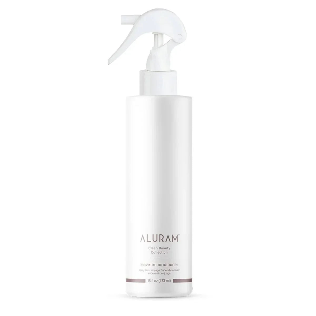 White spray bottle with Aluram Clean Beauty Collection Leave-In Conditioner on a white background