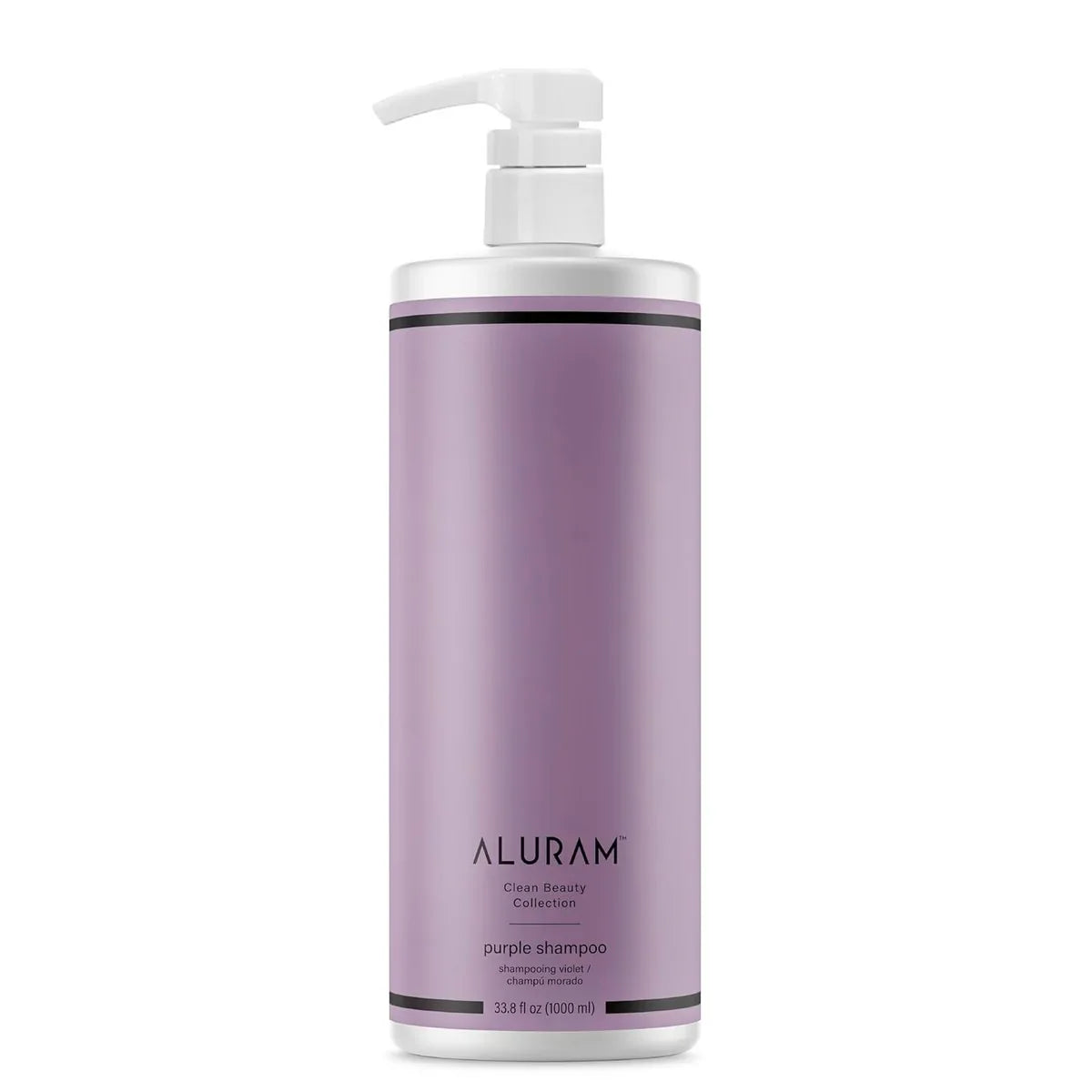 Purple shampoo bottle with pump labeled 'Aluram Clean Beauty Collection Purple Shampoo 33.8 oz' on a white background