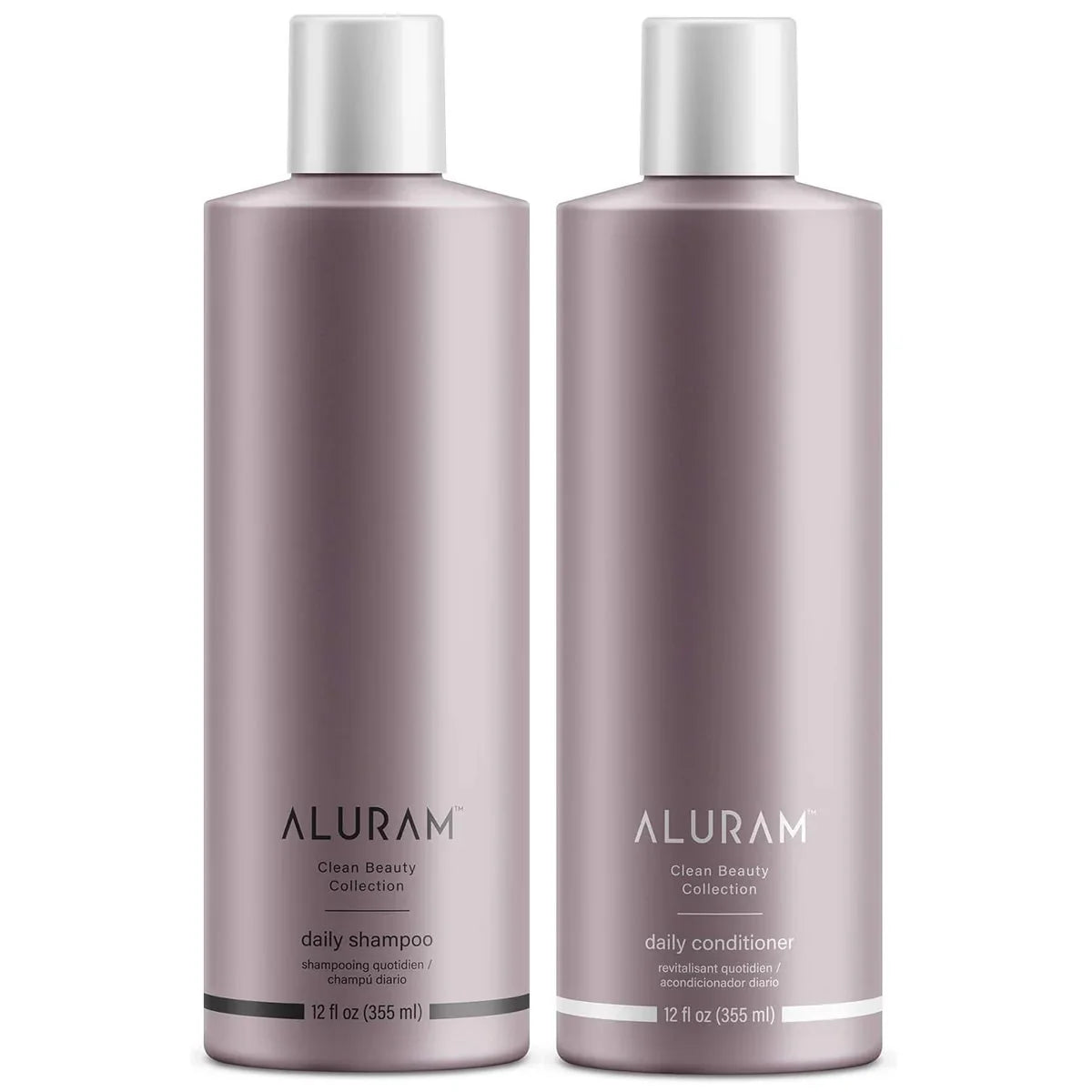 Aluram Clean Beauty Daily Shampoo and Conditioner bottles on a white background