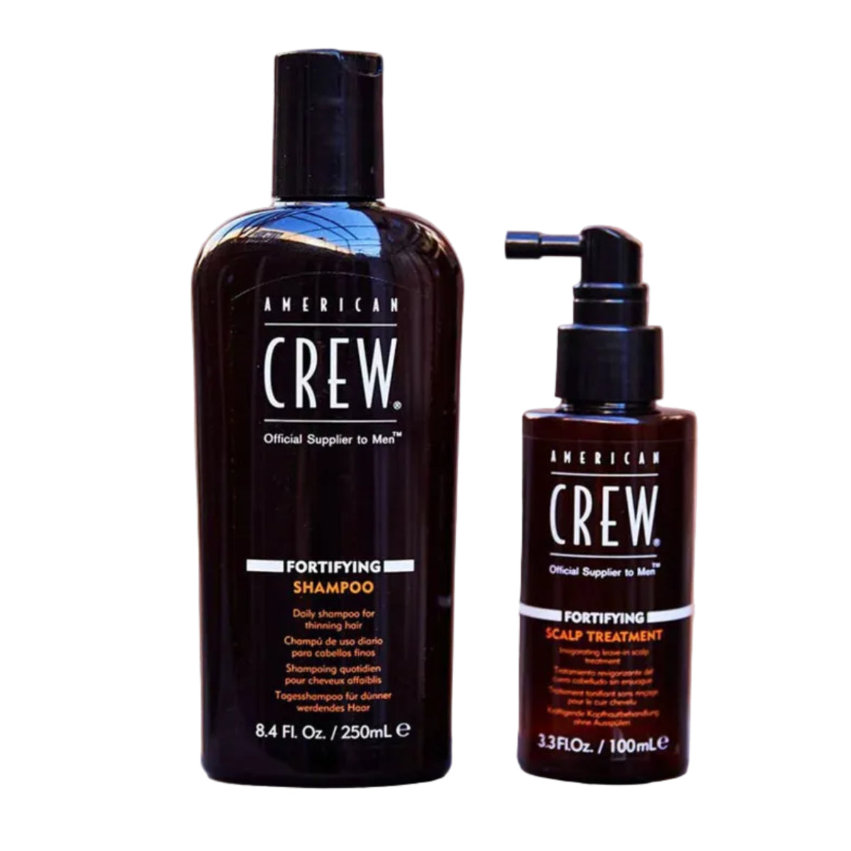 American Crew shampoo and scalp treatment bottles on a blurred background