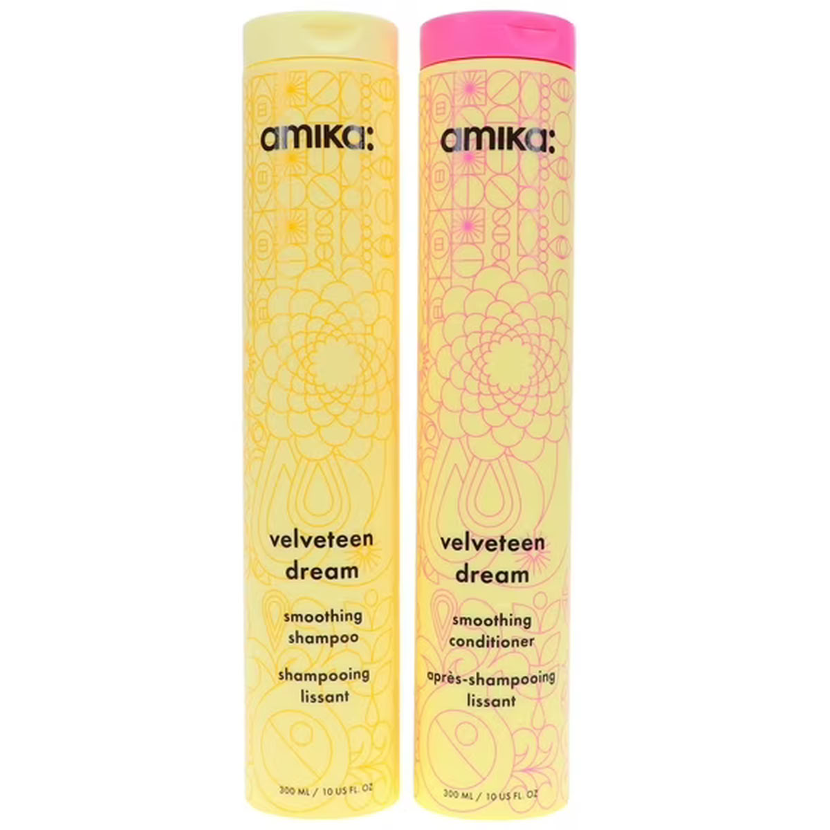 Two bottles of amika velveteen dream smoothing shampoo and conditioner on a white background