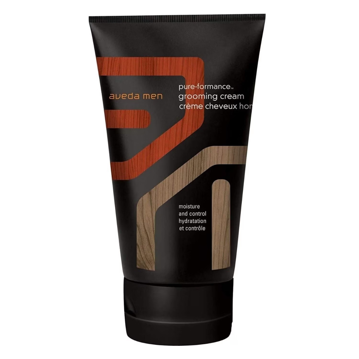 Avedà Men Pure-Formance Grooming Cream in a black squeeze tube with orange and brown woodgrain graphic accents, shown on a plain white background.