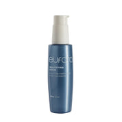 Blue serum bottle with white pump on a light gray background
