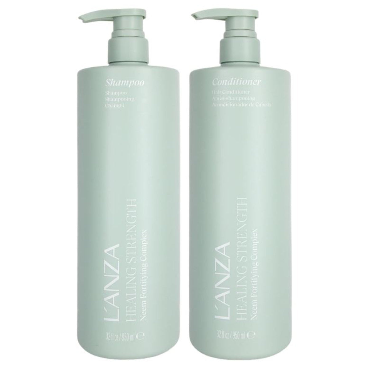 Two L'ANZA Healing Strength shampoo and conditioner bottles in a uniform pale sage green color, shown side-by-side on a plain white background.