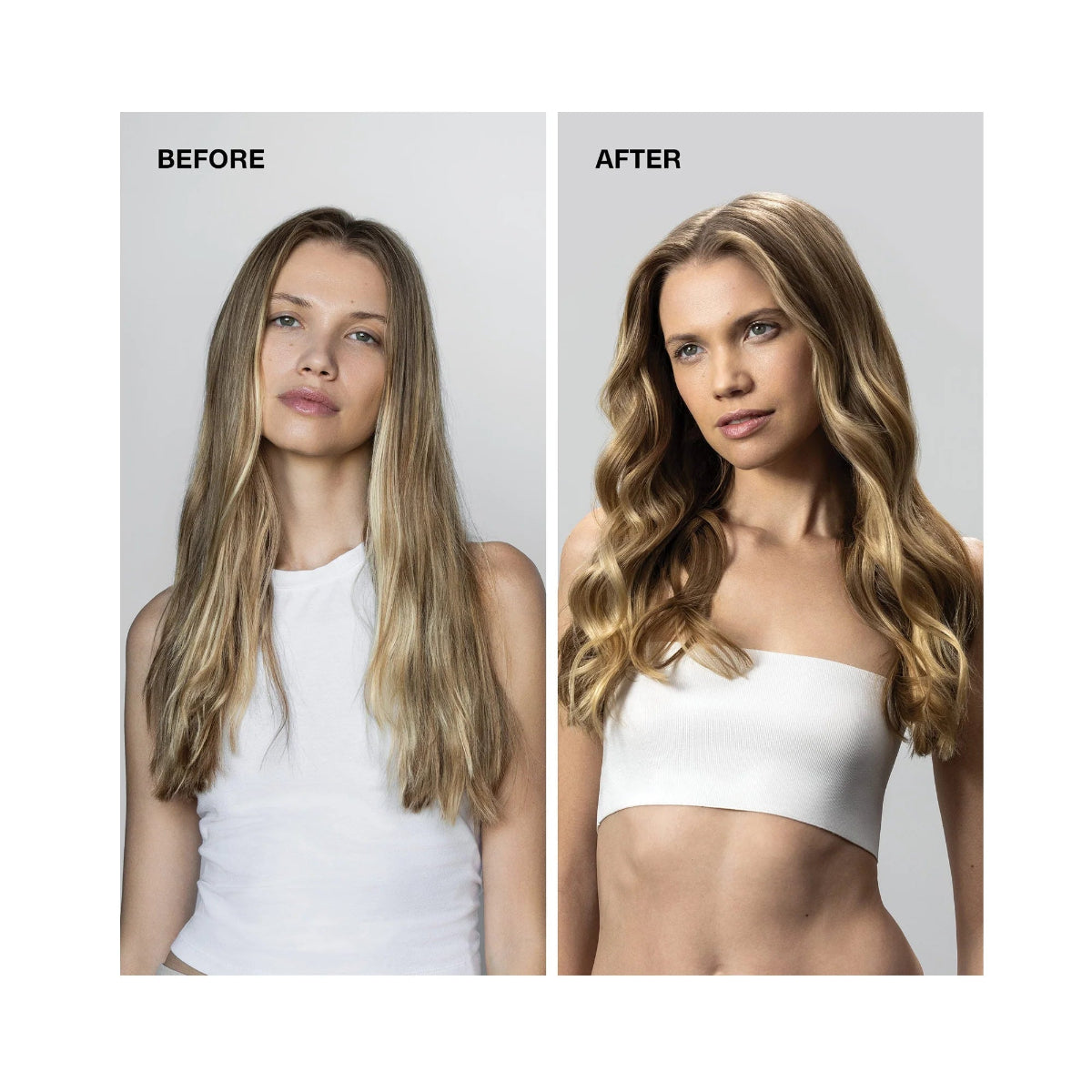 Before and after comparison of a woman with long hair styled differently.