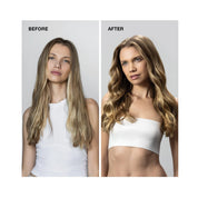 Before and after comparison of a woman with long hair styled differently.
