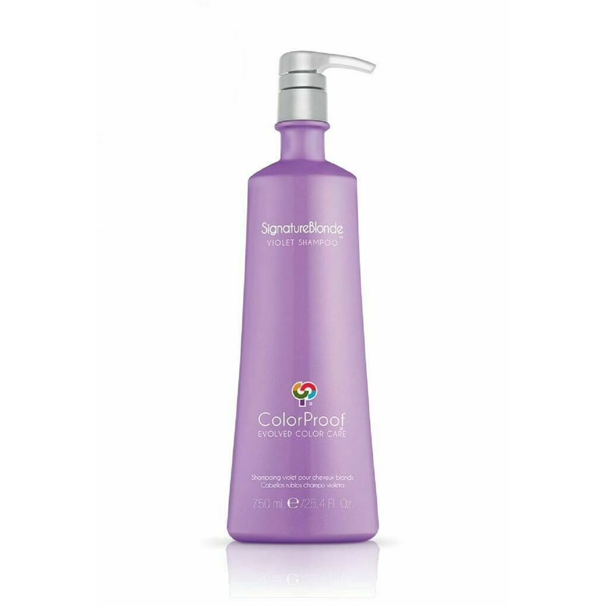 Purple shampoo bottle with pump labeled 'ColorProof' on a white background