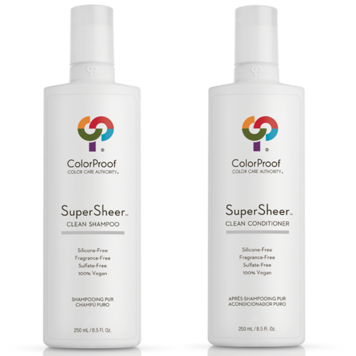 Two bottles of ColorProof SuperSheer Clean Shampoo and Conditioner on a white background