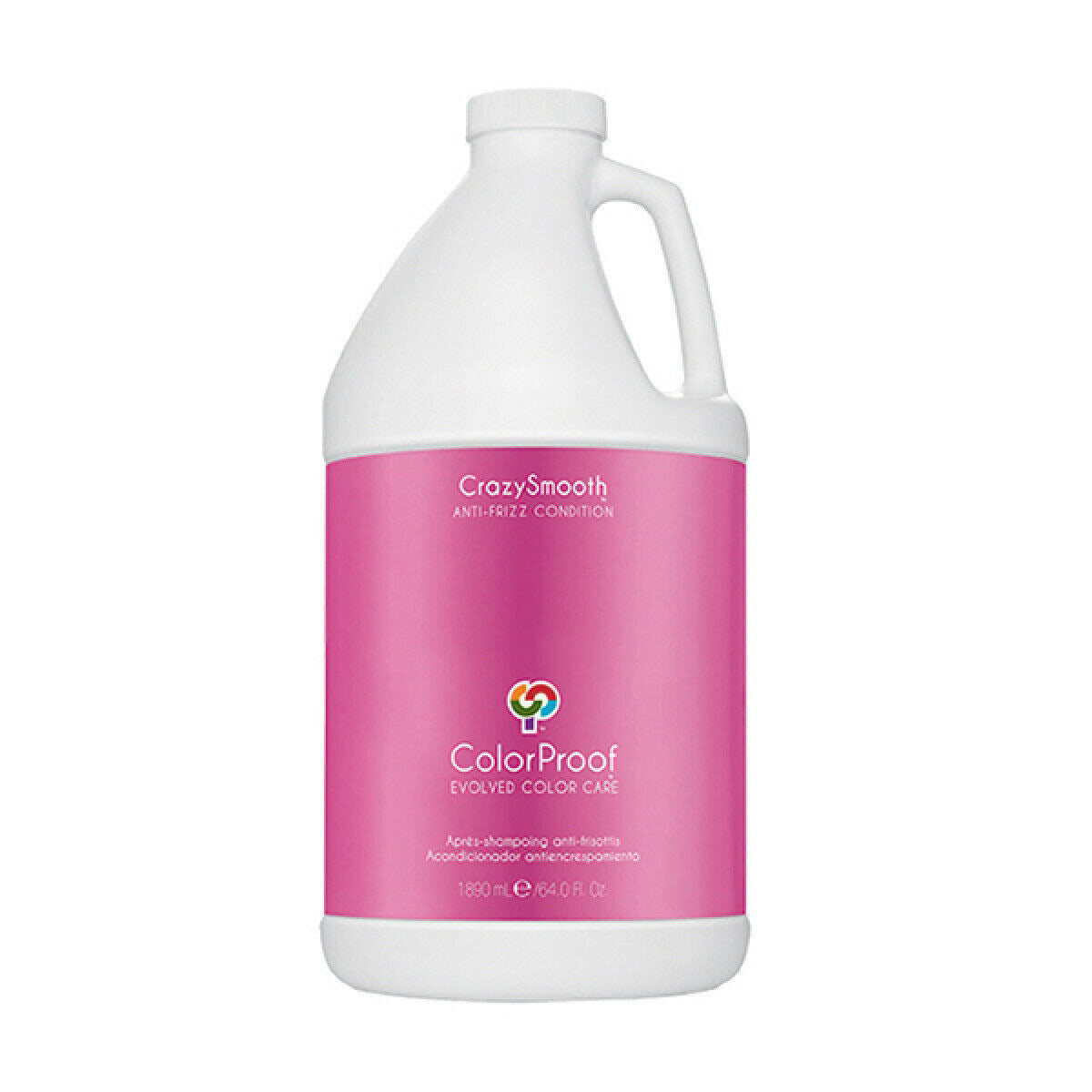 Gallon bottle of ColorProof CrazySmooth conditioner on a white background