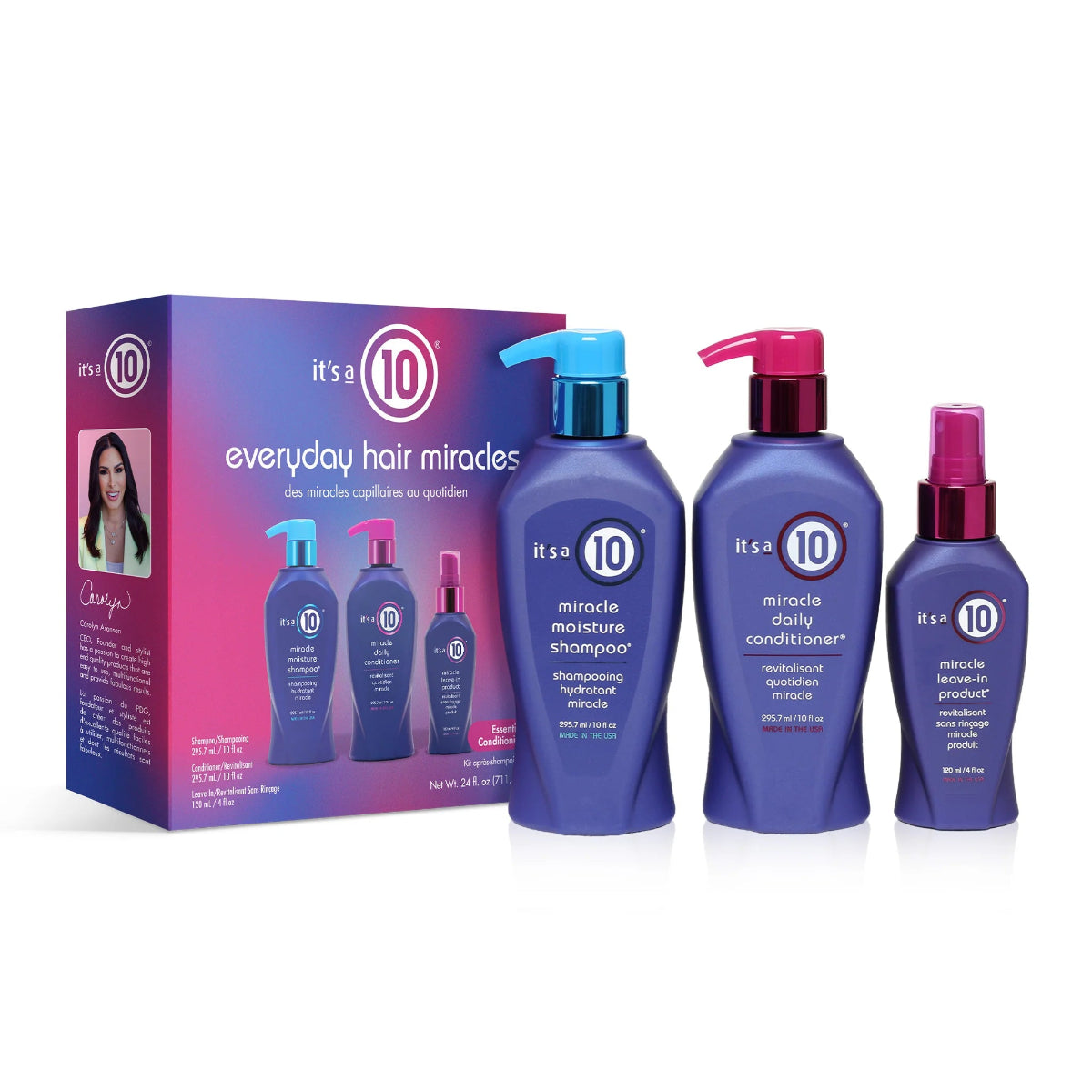 Set of 'It's a 10' hair care products including shampoo, conditioner, and spray bottle with packaging on a white background.