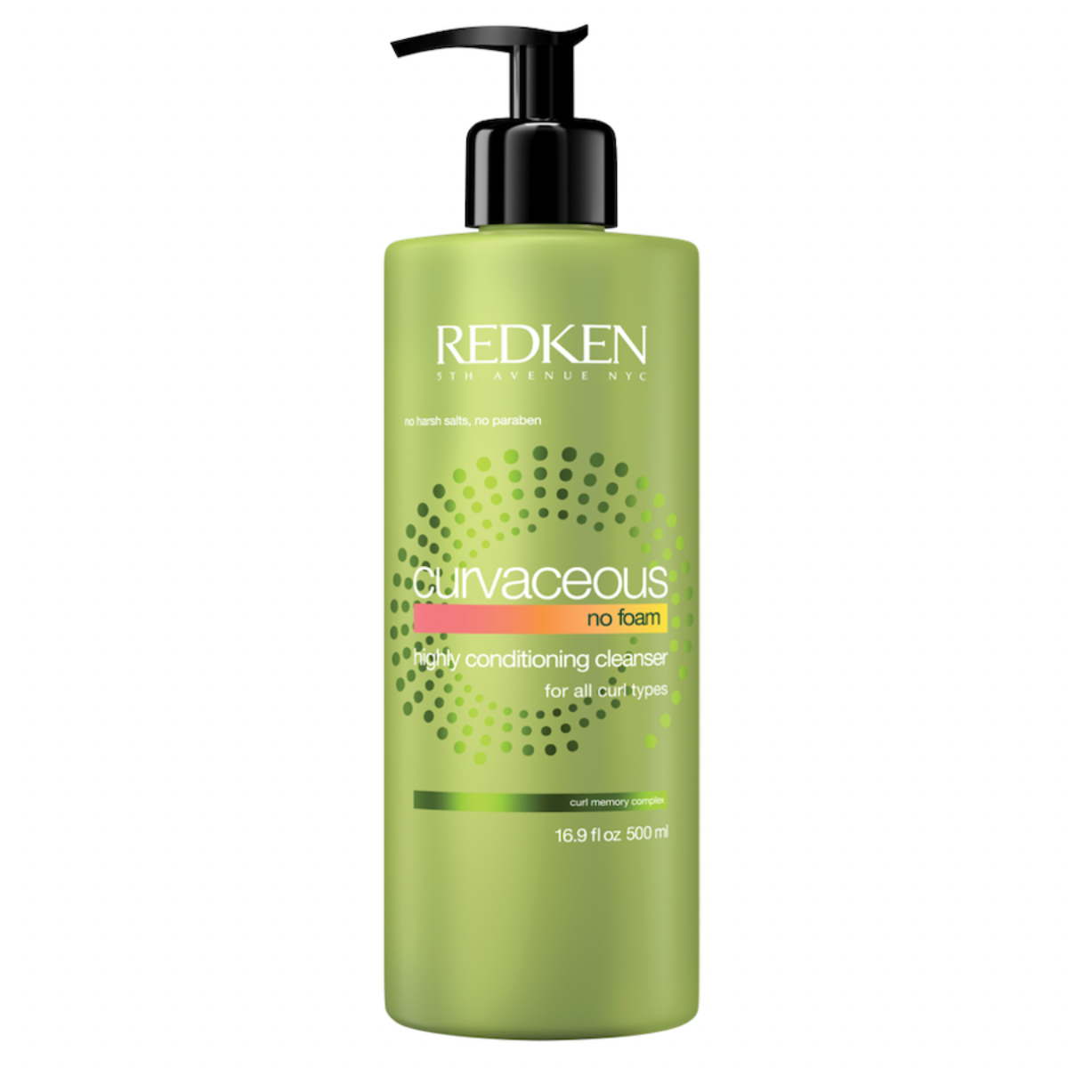 Green bottle of Redken Curvaceous no foam conditioner on a white background