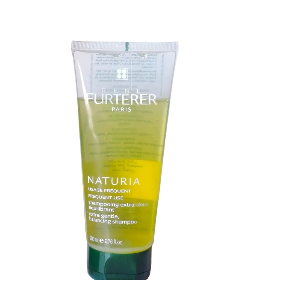 A 200ml squeeze tube of Rene Furterer Naturia Frequent Use Balancing Shampoo, showing a translucent yellow-green liquid inside a clear tube with a dark green cap, set against a plain white background.