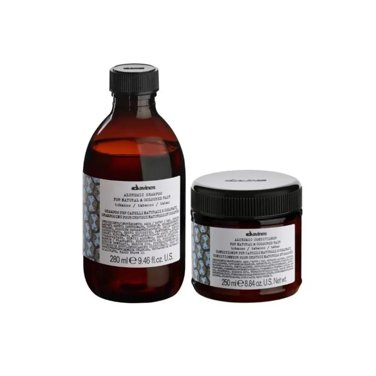 Davines Alchemic Tobacco Shampoo and Conditioner with labels on a white background