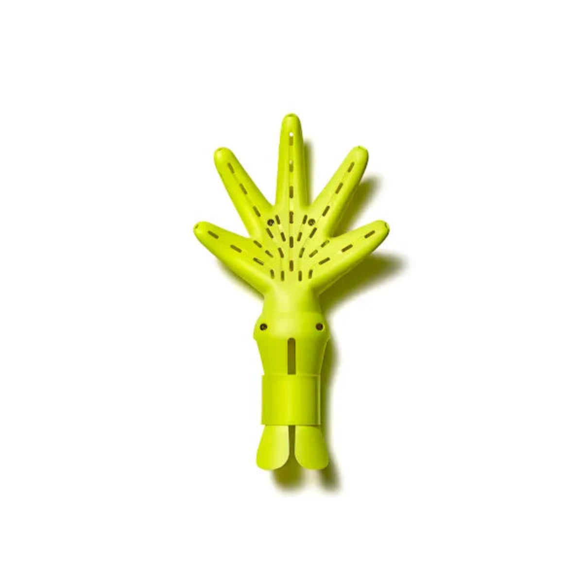 Yellow hand-shaped hair dryer diffuser on a white background