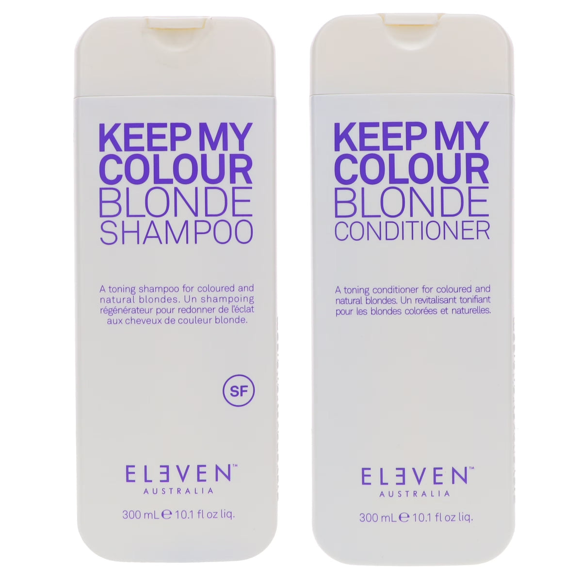 Two white plastic bottles of ELEVEN AUSTRALIA Keep My Colour Blonde Shampoo and Conditioner with purple text, shown side by side on a white background.