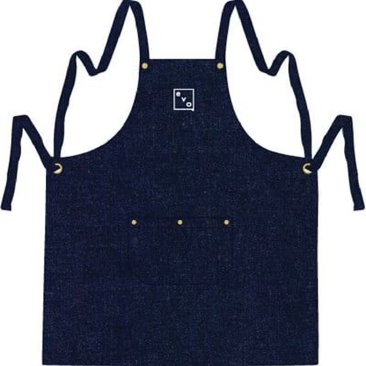 Navy blue apron with gold buttons on a white background