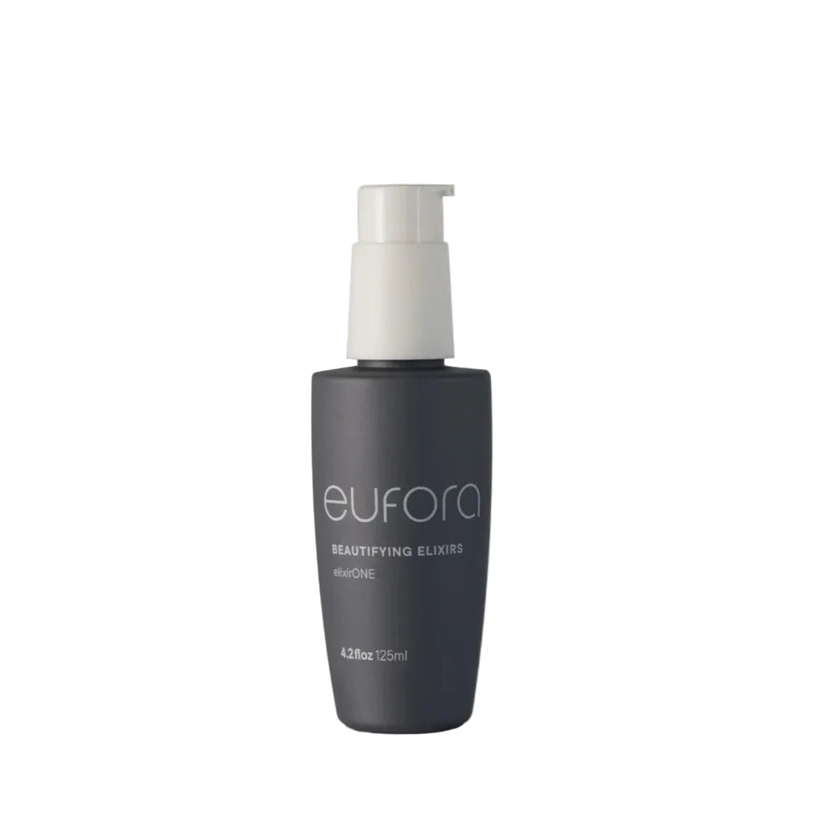 A dark gray pump bottle of eufora Beautifying Elixirs withONE, set against a clean light gray background.