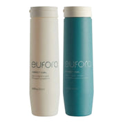Two Eufora shampoo and conditioner bottles on a white background