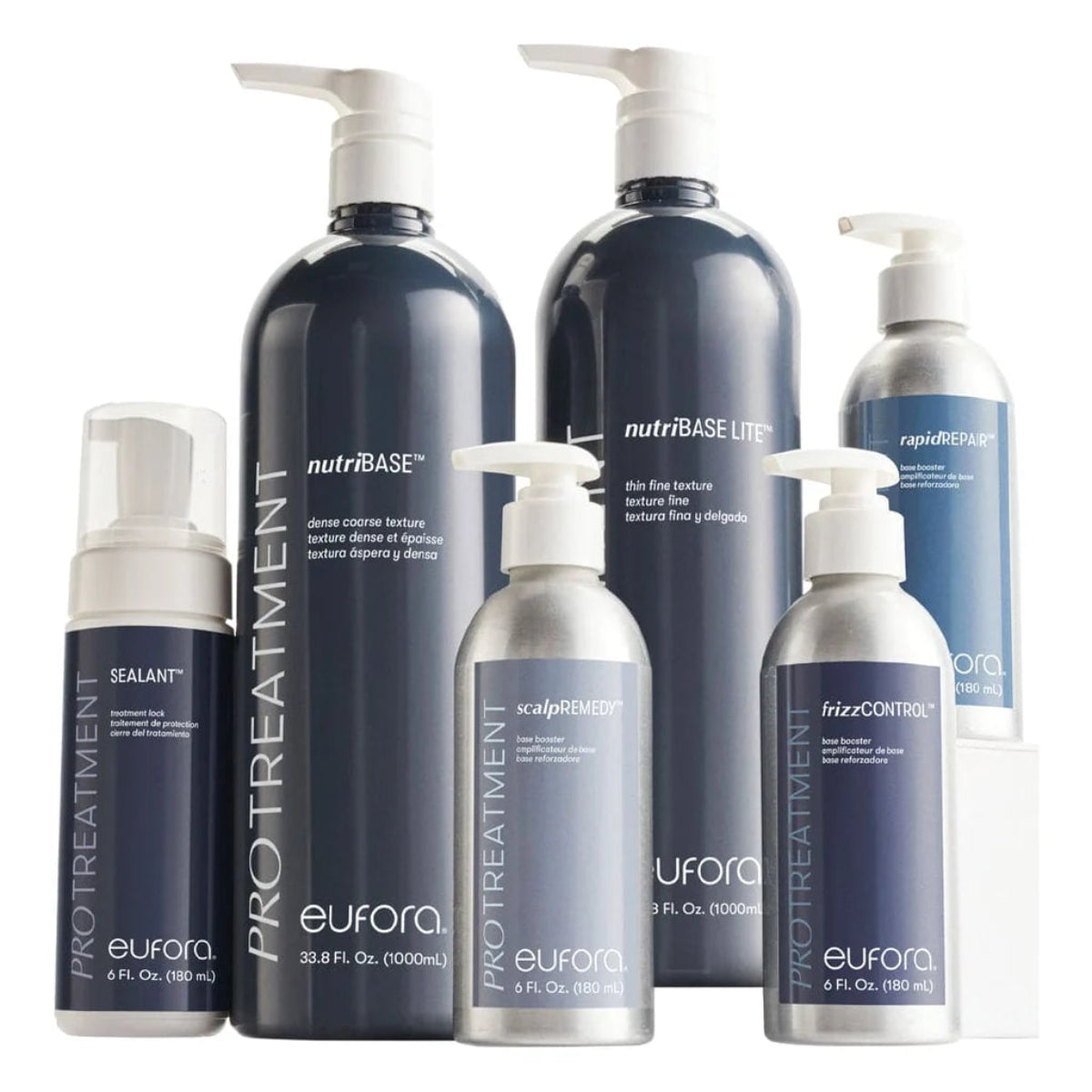 A group of Eufora hair treatment products on a white background, including large dark blue bottles and silver pump bottles with white labels and pumps. Visible text includes nutriBASE, nutriBASE Lite, rapidRefine, SEALANT, scalpelsRfide, and frizCONTROL.