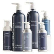 A group of Eufora hair treatment products on a white background, including large dark blue bottles and silver pump bottles with white labels and pumps. Visible text includes nutriBASE, nutriBASE Lite, rapidRefine, SEALANT, scalpelsRfide, and frizCONTROL.