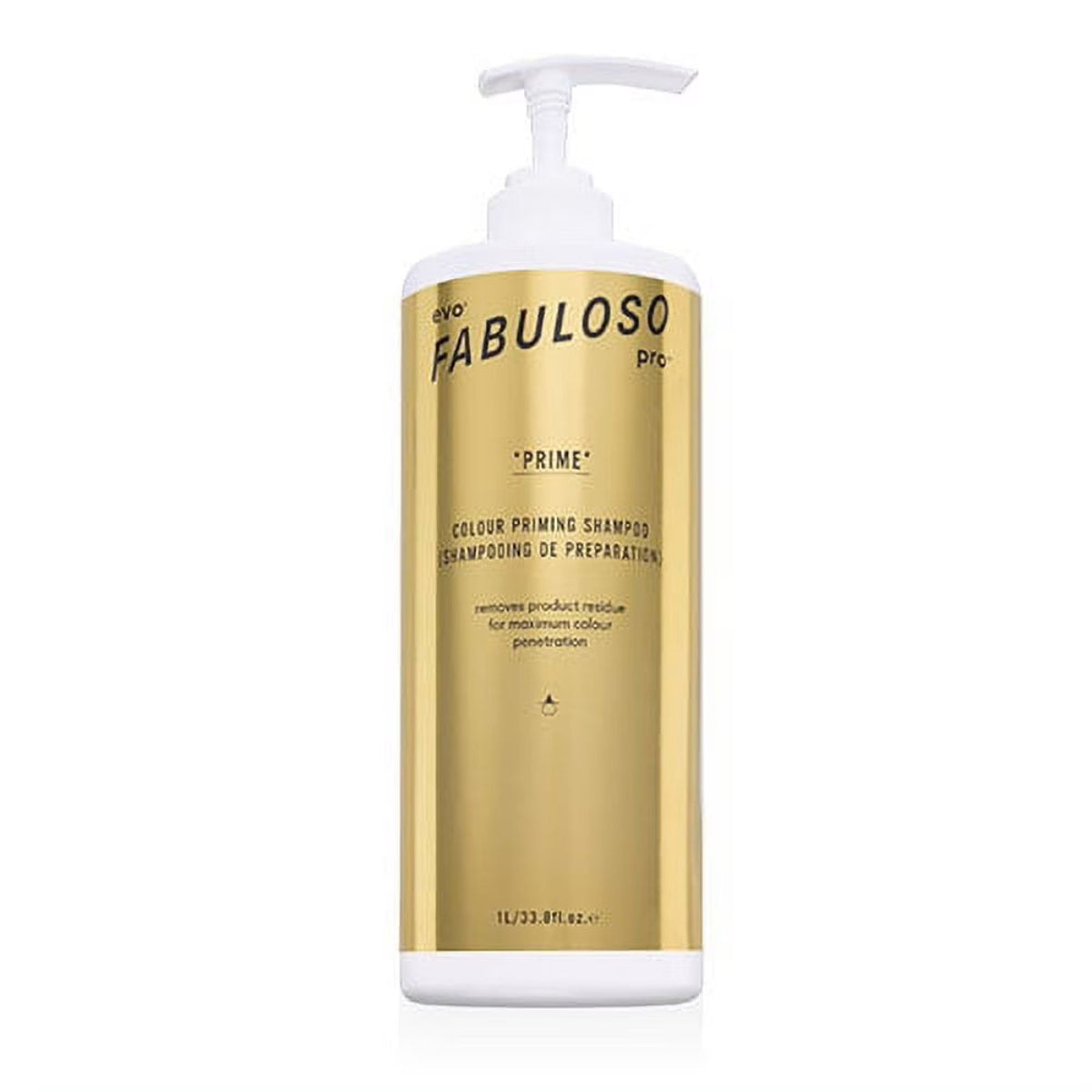 A 1L white bottle of Fabuloso Prime Colour Priming Shampoo with a metallic gold label and a white pump dispenser, set against a plain white background.
