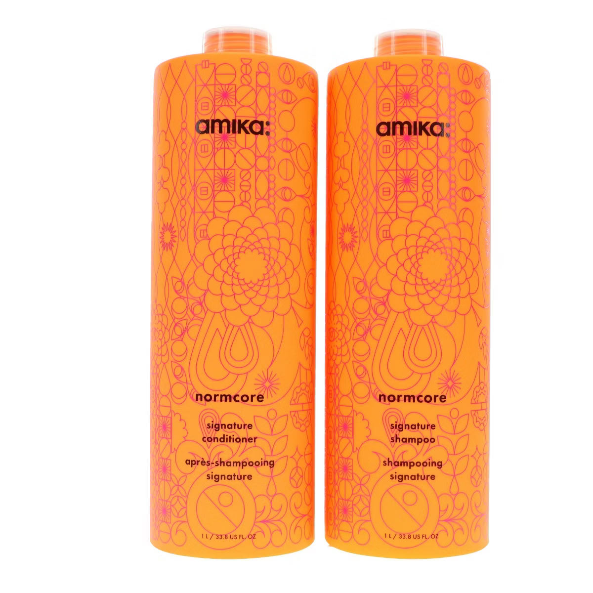 Two bottles of amika normcore shampoo and conditioner on a white background
