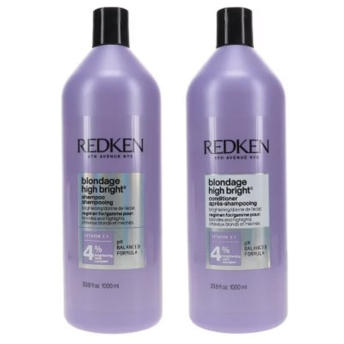Two bottles of Redken Blondage High Bright shampoo and conditioner on a white background
