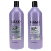 Two bottles of Redken Blondage High Bright shampoo and conditioner on a white background